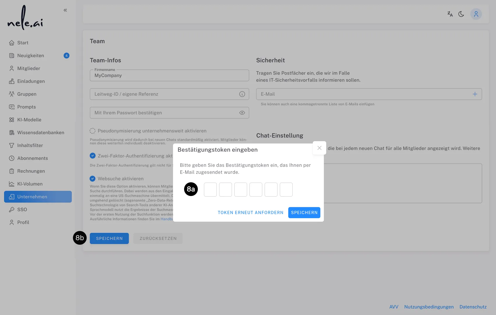 Sichere Künstliche Intelligenz für Unternehmen: Das Admin-Dashboard für Unternehmsdaten auf der KI-Plattform nele.ai.