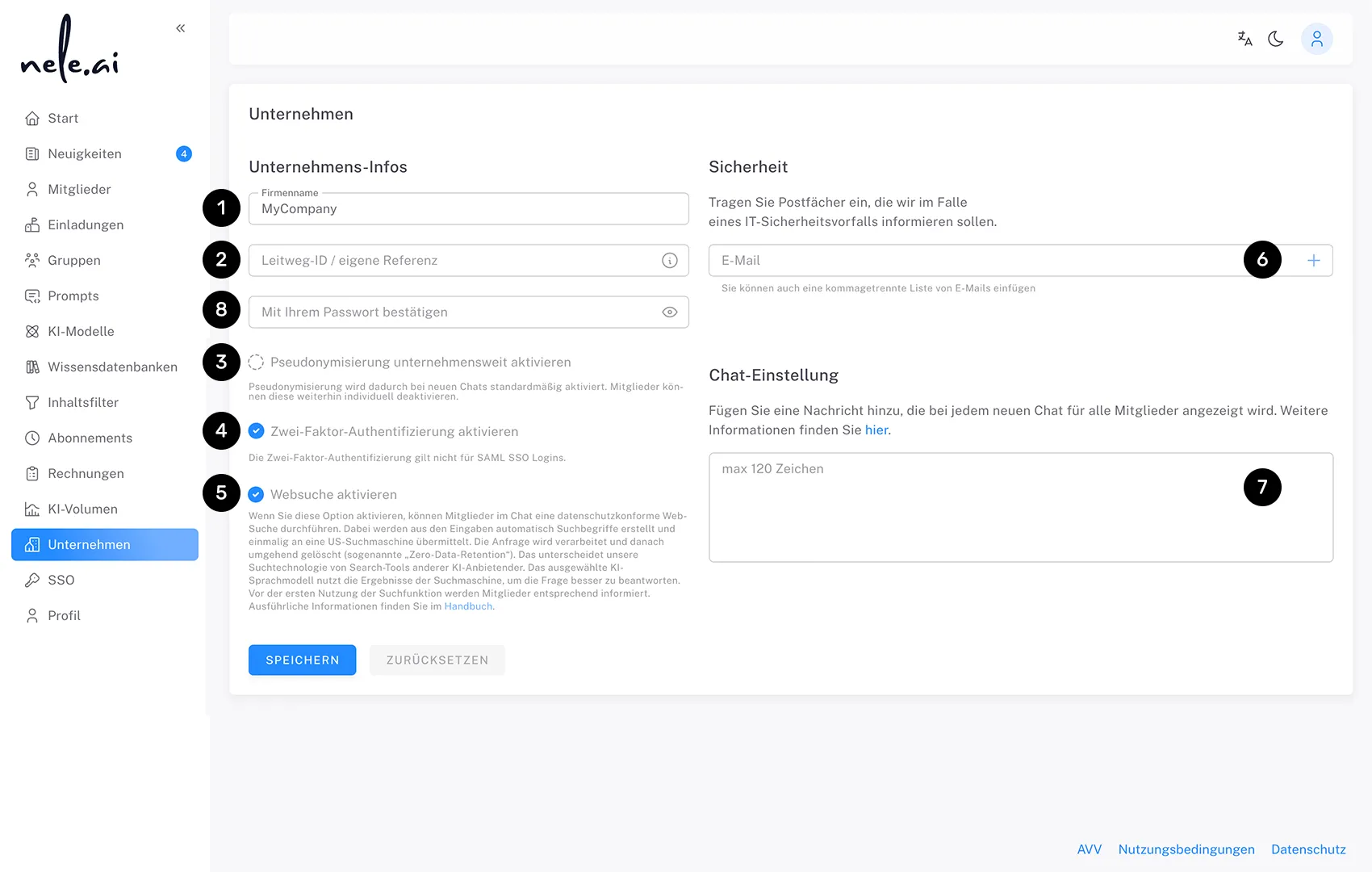 Sichere Künstliche Intelligenz für Unternehmen: Ansicht des Admin-Dashboards von KI-Plattform nele.ai.