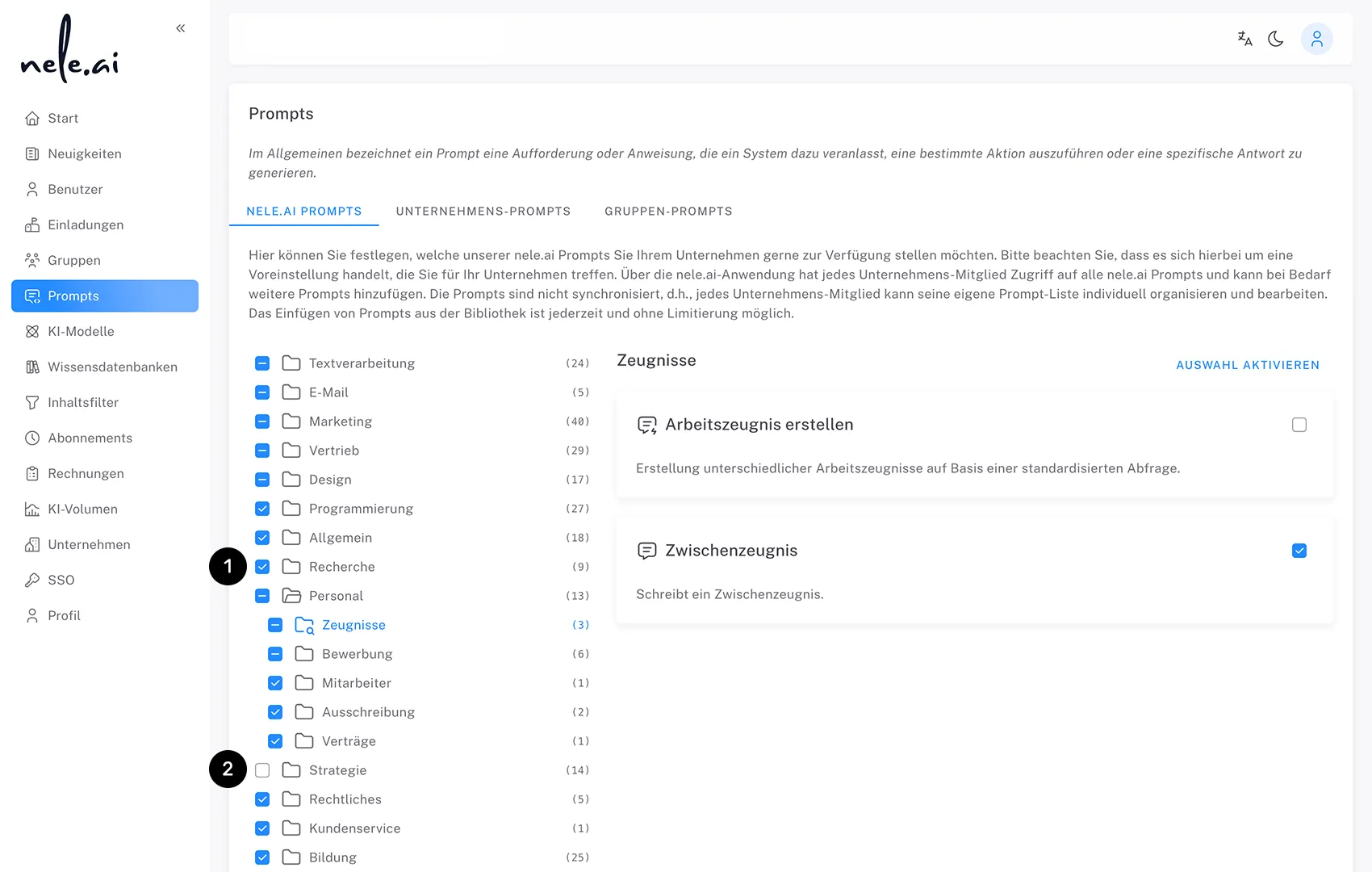 Sichere Künstliche Intelligenz für Unternehmen: Admin-Ansicht zur Verwaltung von KI-Prompts in der KI-Plattform von nele.ai.