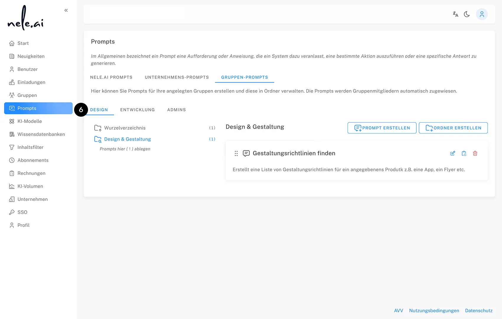 Sichere Künstliche Intelligenz für Unternehmen: Admin-Ansicht für Gruppen-Prompts in der KI-Plattform nele.ai zur einfachen Steuerung.