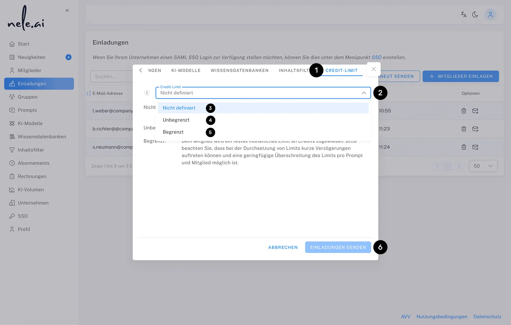 Sichere Künstliche Intelligenz für Unternehmen: Admin-Ansicht in der nele.ai KI-Plattform zum Verwalten von Nutzer-Kreditlimits.
