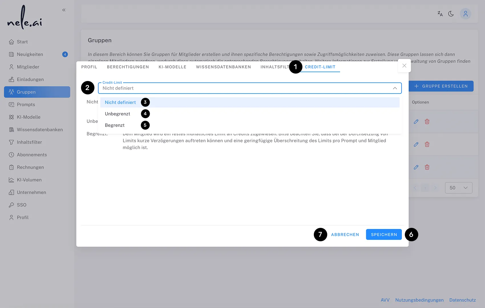Sichere Künstliche Intelligenz für Unternehmen: Admin-Ansicht für Gruppen-Credit-Limits in der KI-Lösung nele.ai.