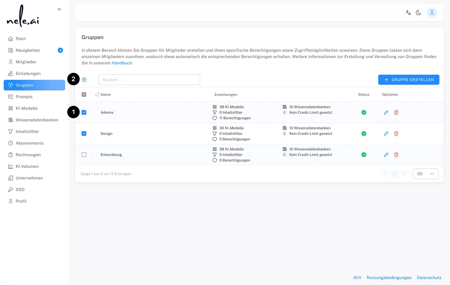 Sichere Künstliche Intelligenz für Unternehmen: Admin-Ansicht in der KI-Lösung nele.ai zur Verwaltung von Benutzergruppen.