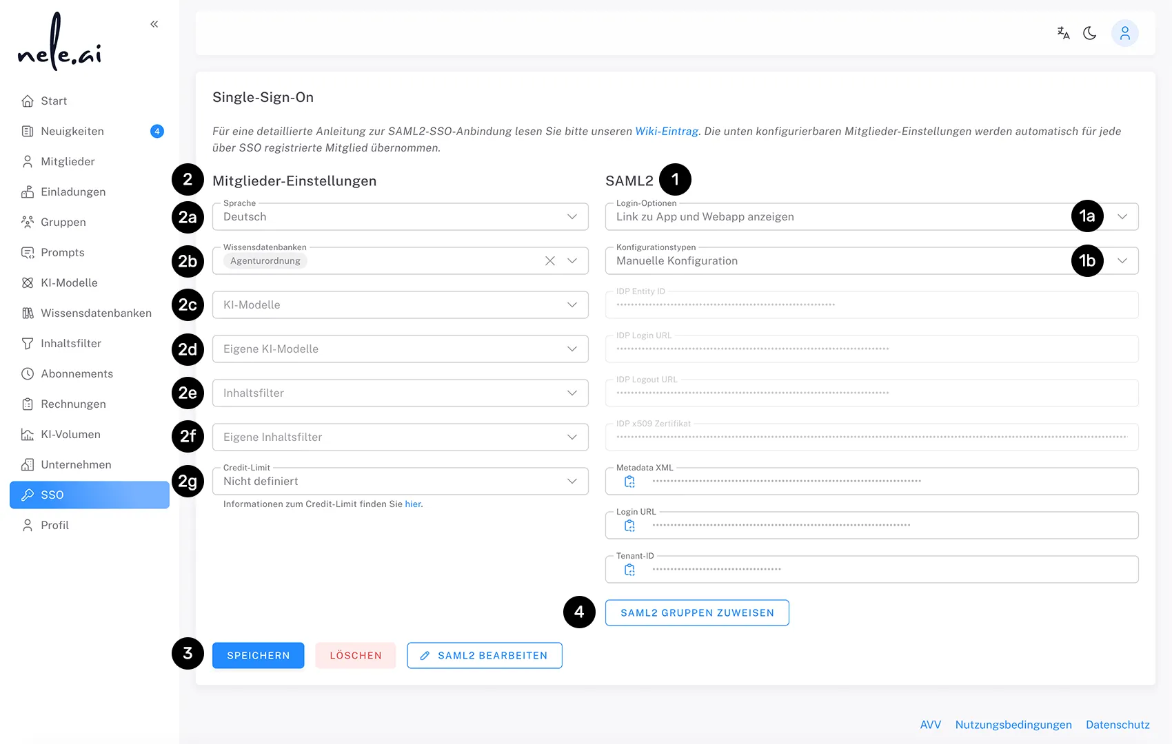 Sichere Künstliche Intelligenz für Unternehmen: Übersicht der Single Sign-On (SSO) Einstellungen im Admin-Bereich von der KI-Plattform nele.ai.