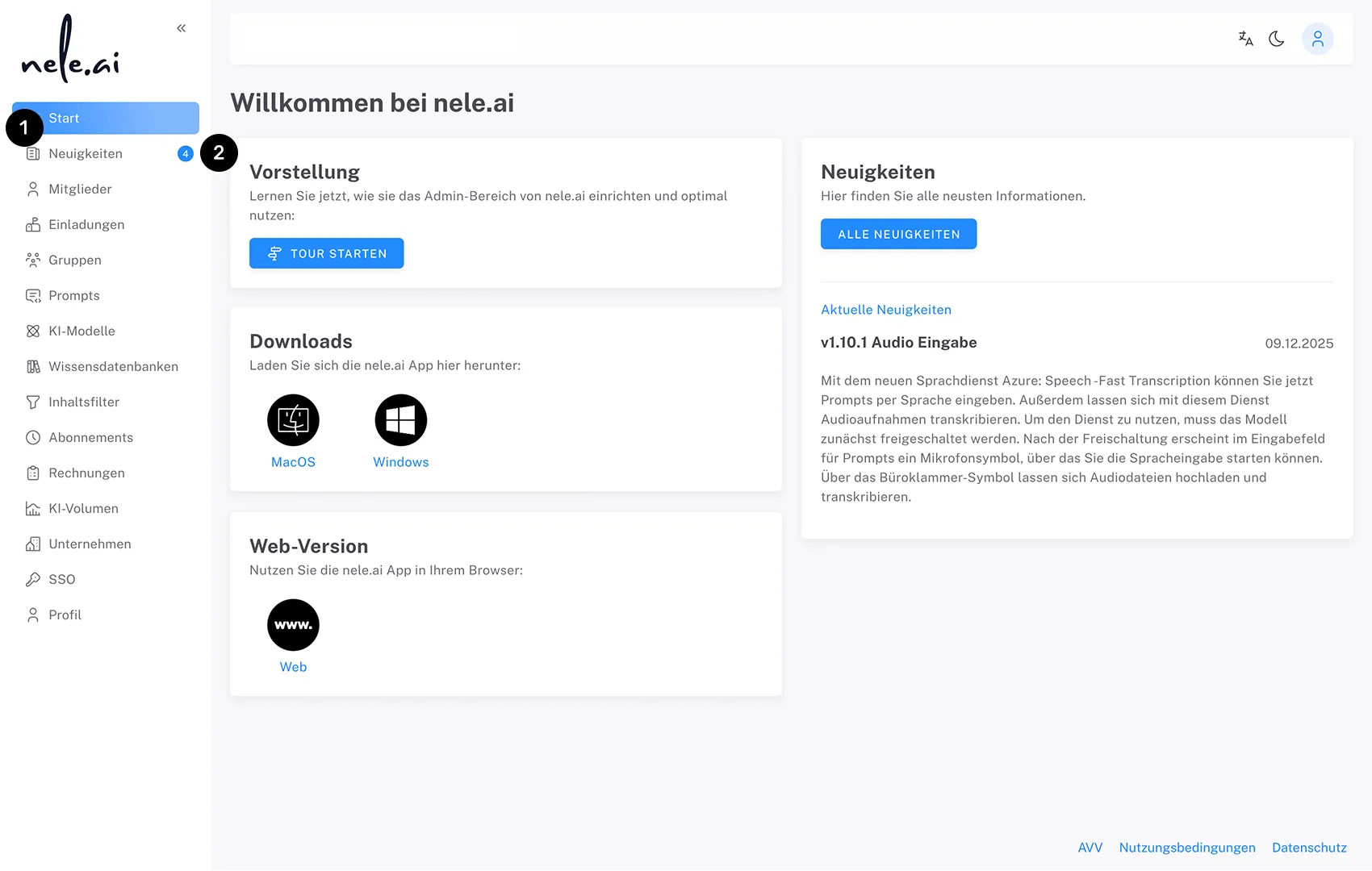 Sichere Künstliche Intelligenz für Unternehmen: Die Startseite der Neuigkeiten im Admin-Bereich von nele.ai.