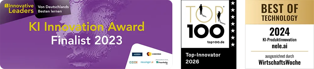 Sichere Künstliche Intelligenz für Unternehmen: Grafik mit Auszeichnungen für nele.ai: KI Innovation-Award 2023, TOP-Innovator 2026, Best of technology 2024.