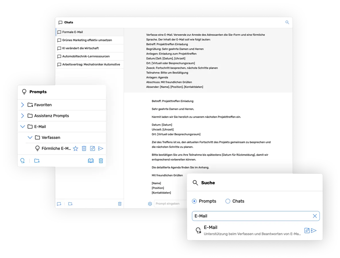 Sichere Künstliche Intelligenz für Unternehmen: Screenshot der KI-Plattform nele.ai, die das Anwenden von Prompts zeigt.