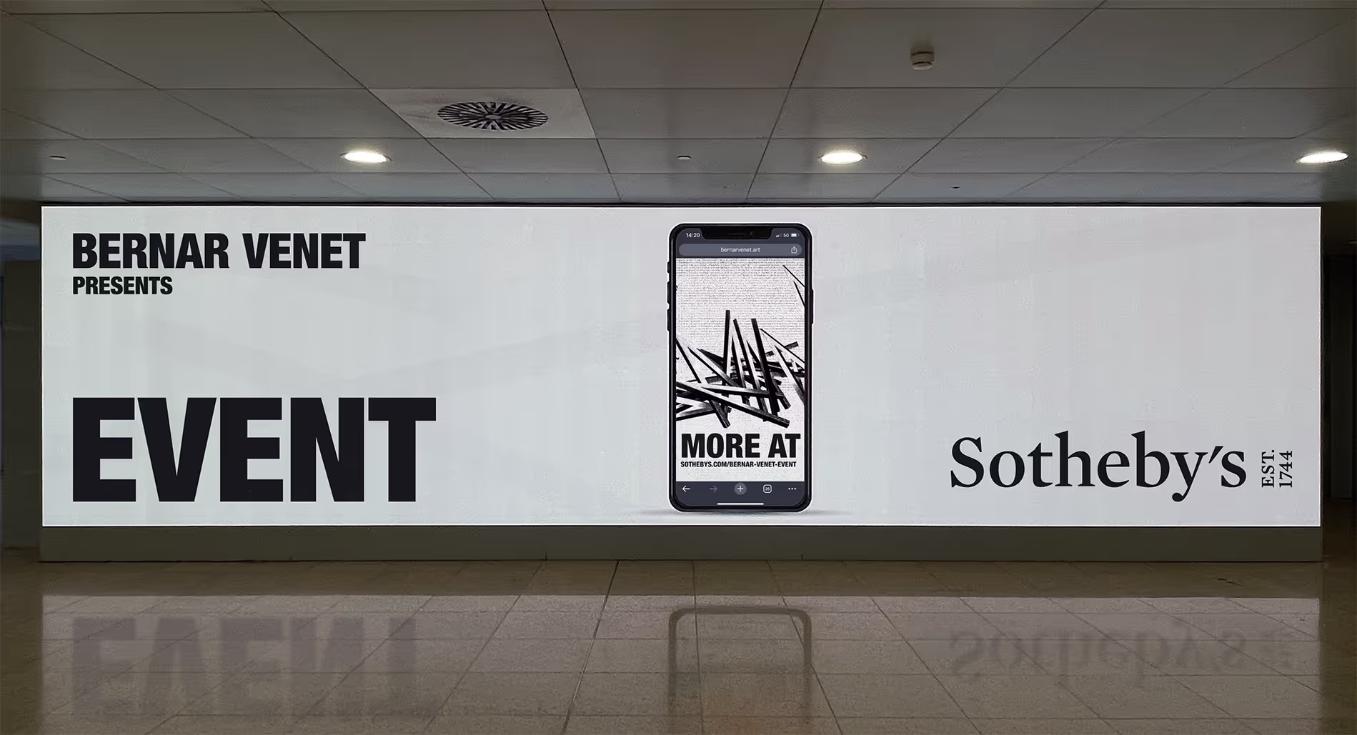 Large Sotheby's event advertisement with phone displaying abstract art and text 'More at Sothebys.com'.