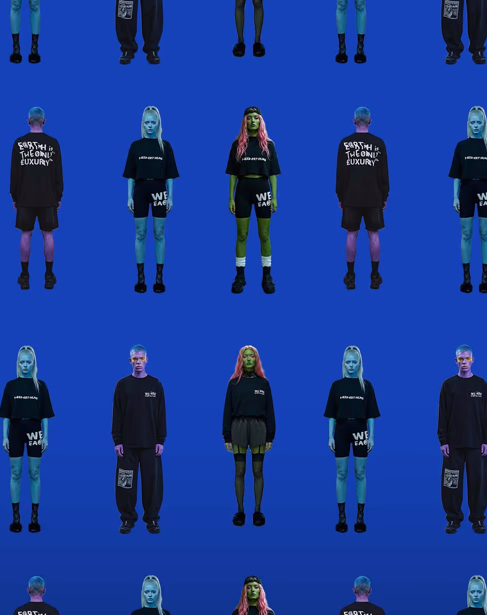 Pattern of models with blue and green skin tone wearing black streetwear clothing with slogans, standing against a blue background.