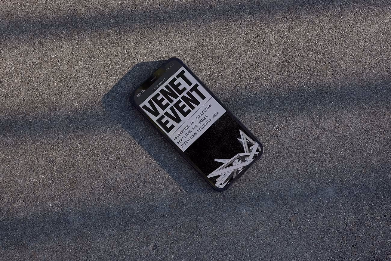 Smartphone on textured ground displaying VENET EVENT generative art collection details.