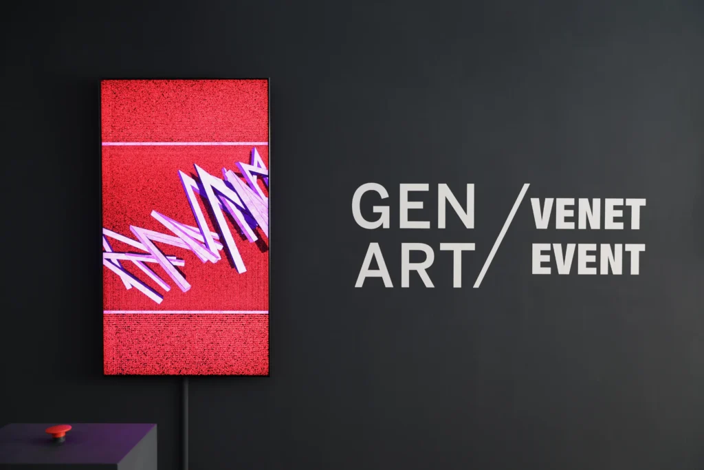 Digital art display with abstract purple shapes on red, next to text reading GEN ART / VENET EVENT on gray wall.