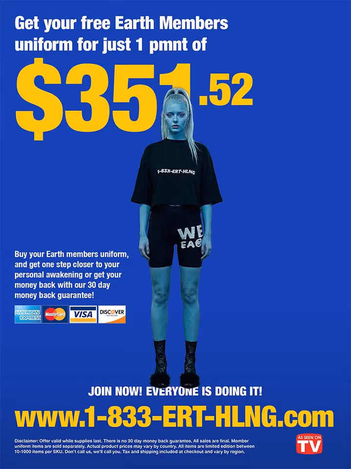 Blue-skinned person wearing a black Earth Members uniform against a blue background with text about a $351.52 payment and an order website.