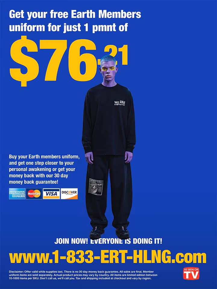 Advertisement offering a free Earth Members uniform for $76.21 with a person in black Earth Members clothing against a blue background, including payment option logos and website www.1-833-ERT-HLNG.com.