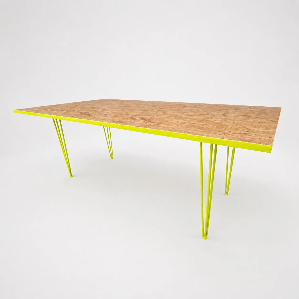 Rectangular wooden table with bright yellow hairpin metal legs on a white background.