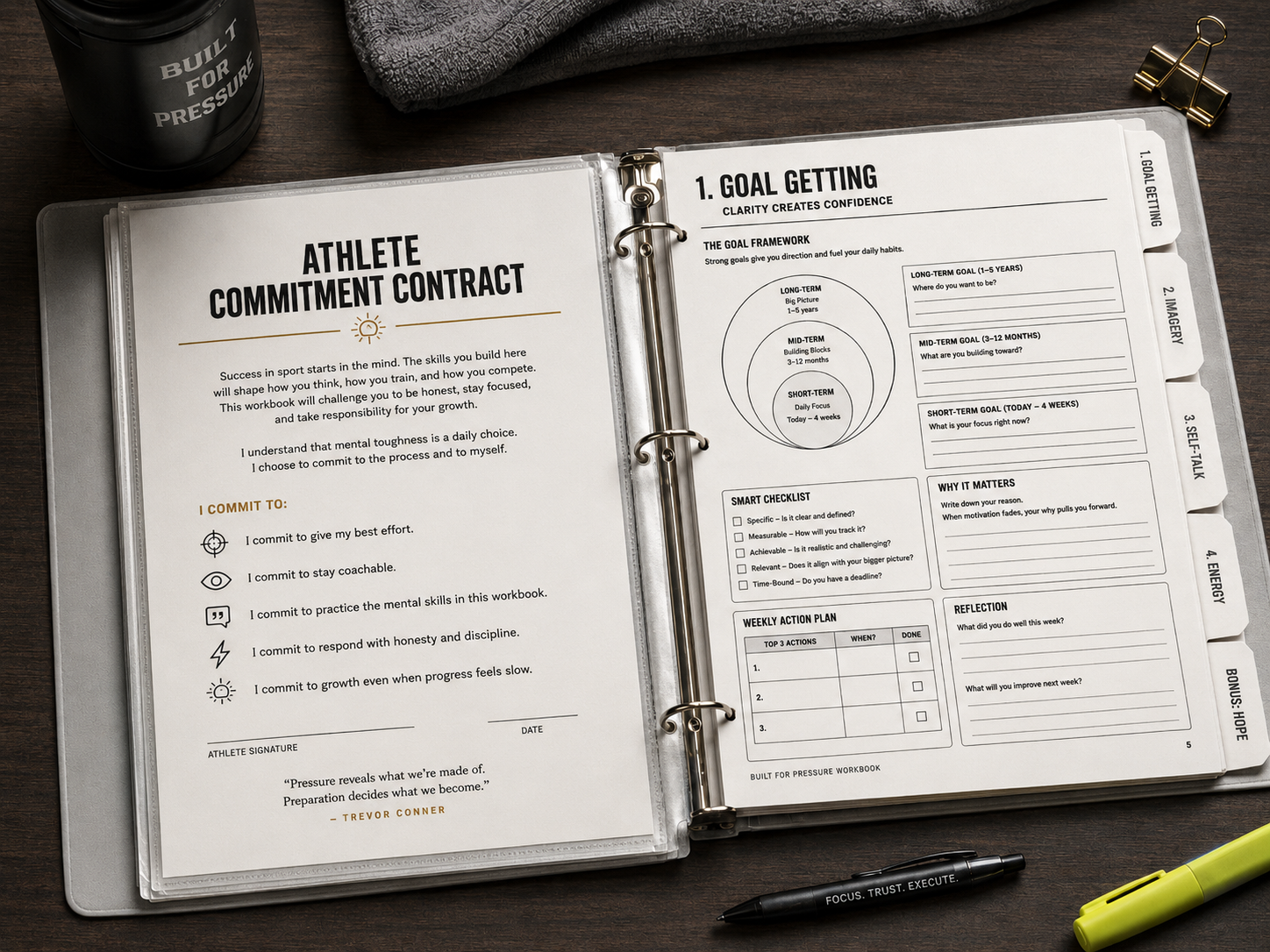 The open Built for Pressure workbook showing the Athlete Commitment Contract and Goal Getting framework