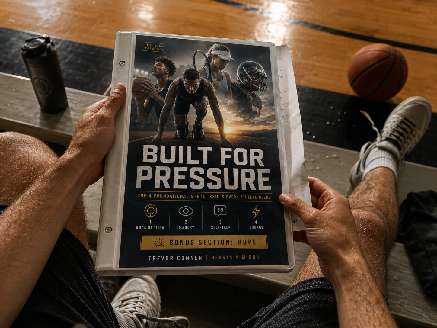 An athlete holding the Built for Pressure workbook on bleachers in a gym