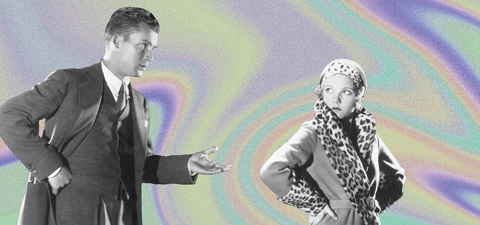 black and white images of a man and a woman against a pastel background