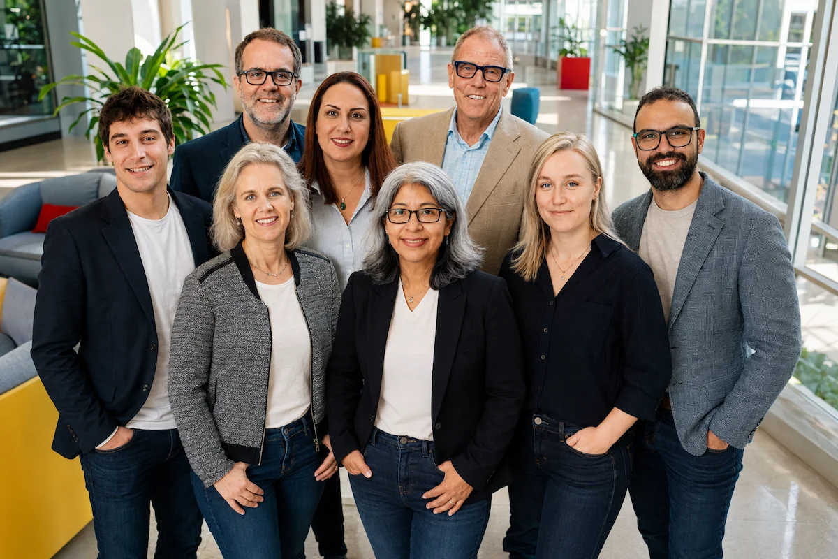 Ironic Biotech team standing together in an office lobby