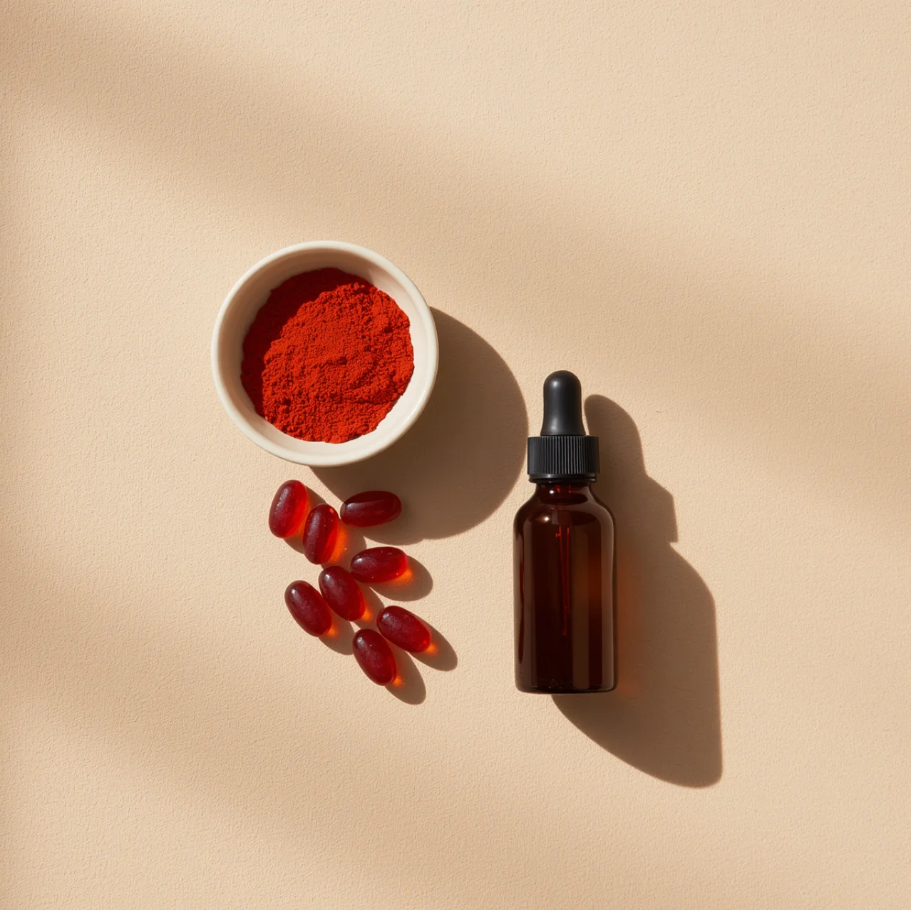 Red supplement powder, gel capsules, and a dropper bottle on a beige background