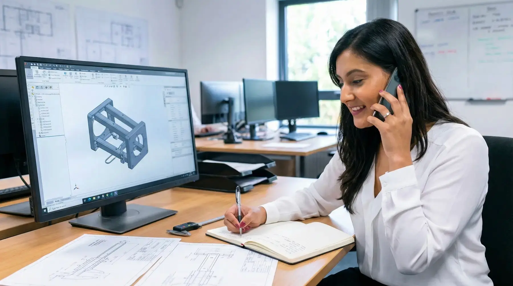Frau im Büro telefoniert und macht Notizen, während am Bildschirm eine 3D-Konstruktion zu sehen ist.