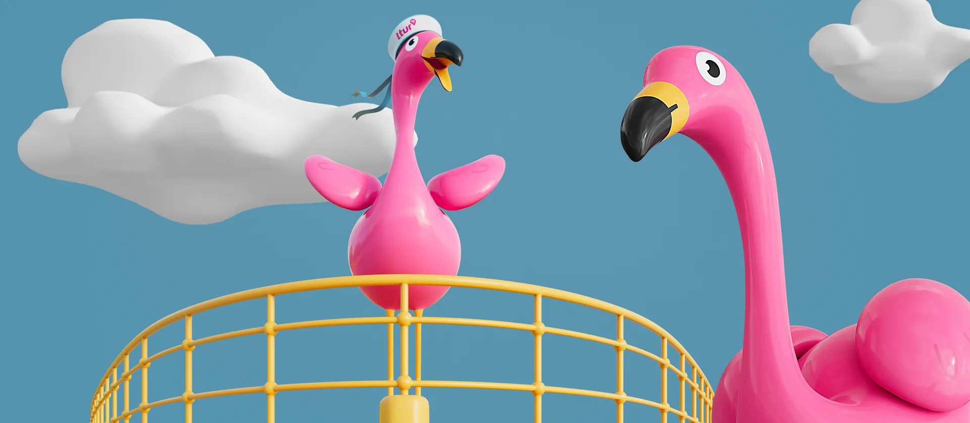 3D-Animation eines pinken Flamingos mit Kappe, der auf einem gelben Geländer steht