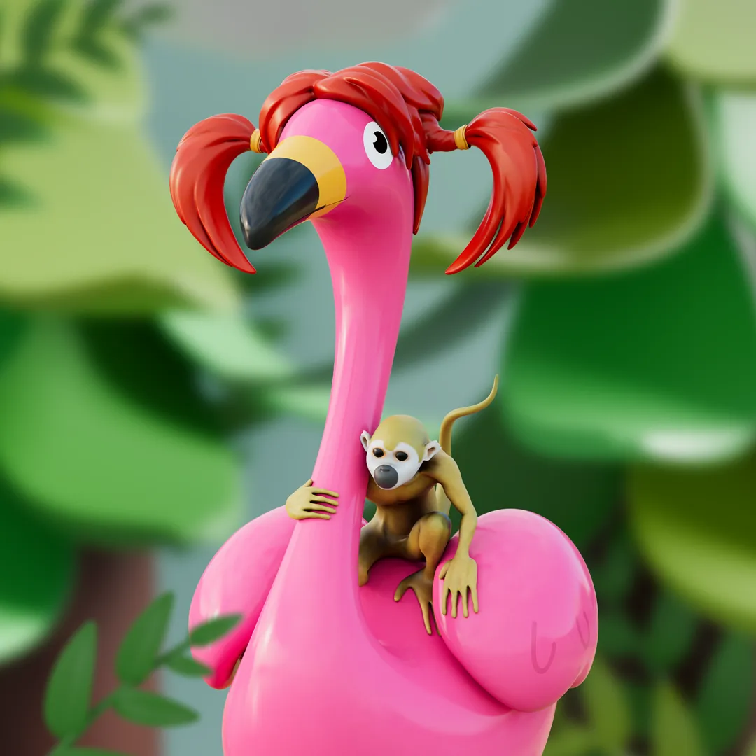 3D-Animation: Rosa Flamingo mit roten Zöpfen; ein kleines Äffchen klammert sich an seinen Hals. Weich gezeichneter, grüner Dschungel im Hintergrund – verspielt, freundlich, tropische Stimmung.