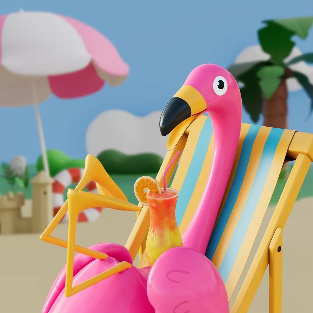 3D-Illustration: Rosa Flamingo entspannt auf gelbem Liegestuhl am Strand und trinkt einen Zitruscocktail; verspielte Sommerszene mit gestreiftem Sonnenschirm, Palme, Sandburg und Rettungsring unscharf im Hintergrund.