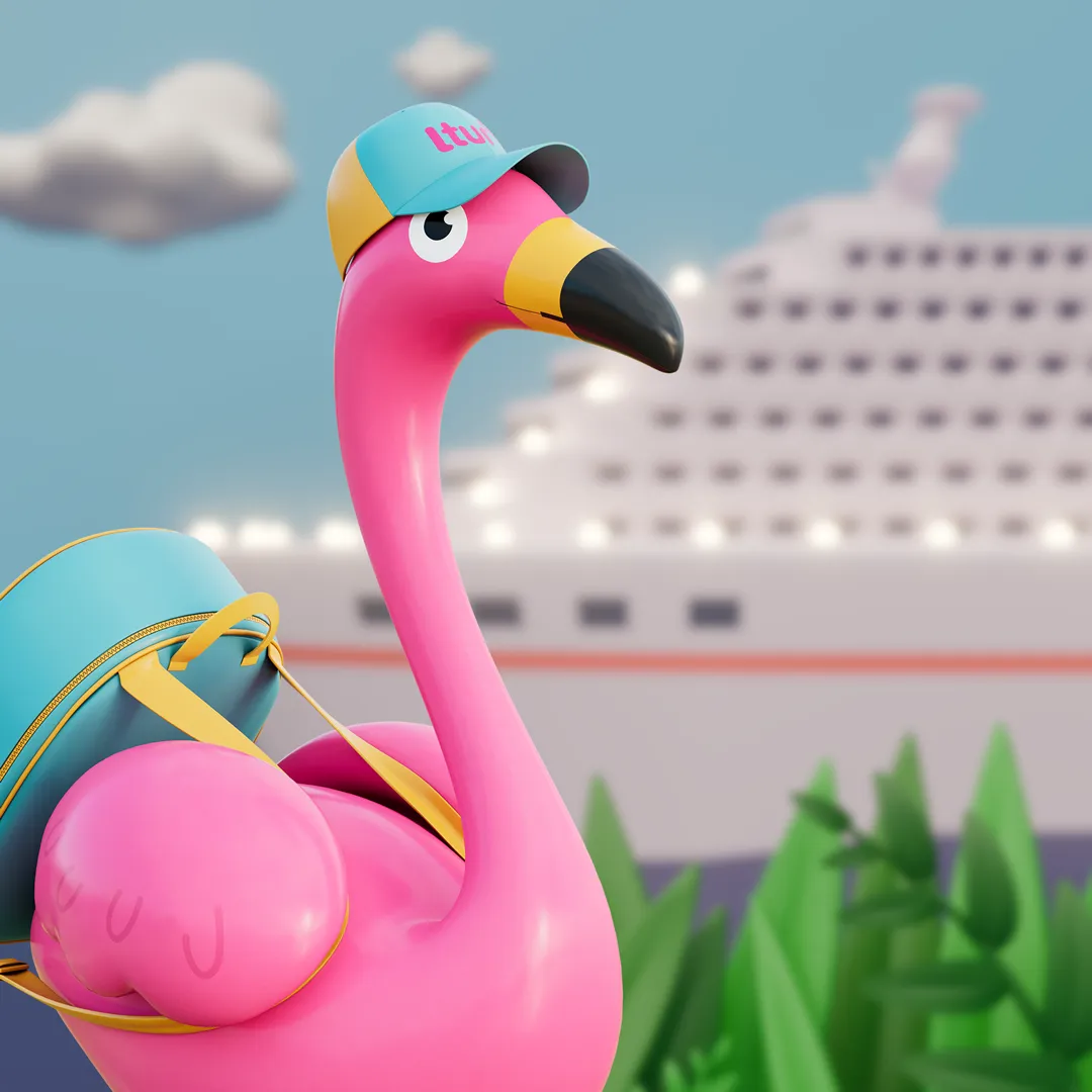 3D-Animation eines pinken Flamingos mit Rucksack und bunter Kappe, der vor einem Kreuzfahrtschiff steht.