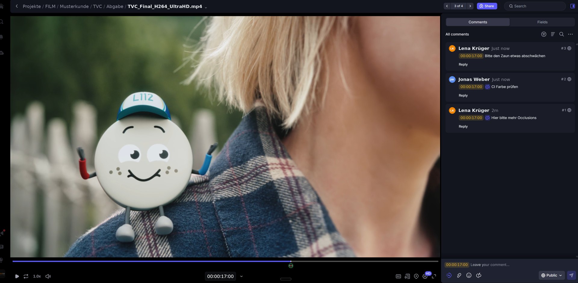 Frame.io Feedback in der Videoproduktion: Kommentare und Korrekturen framegenau direkt am Bild — Review-Workflow bei CHEESE Productions
