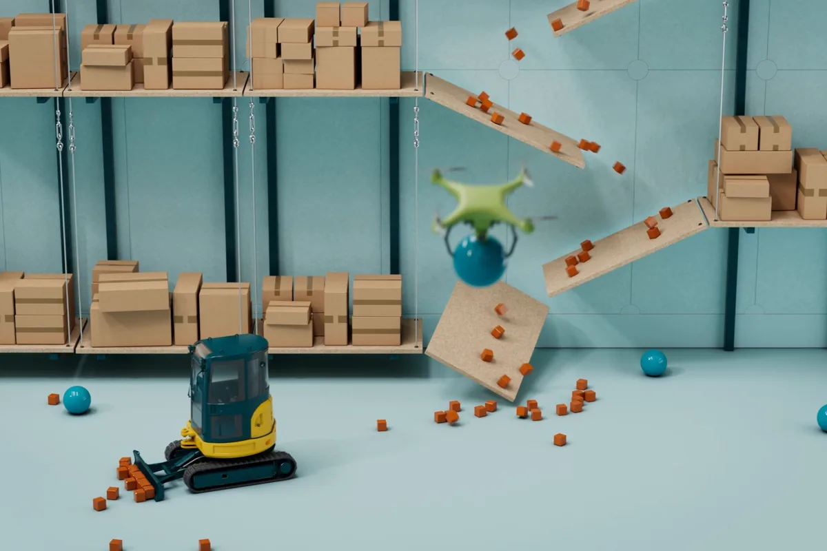 3D-Animation für TRATON: Drohne trägt eine Kugel durch ein Lager, ein Mini-Bagger schiebt Würfel zusammen