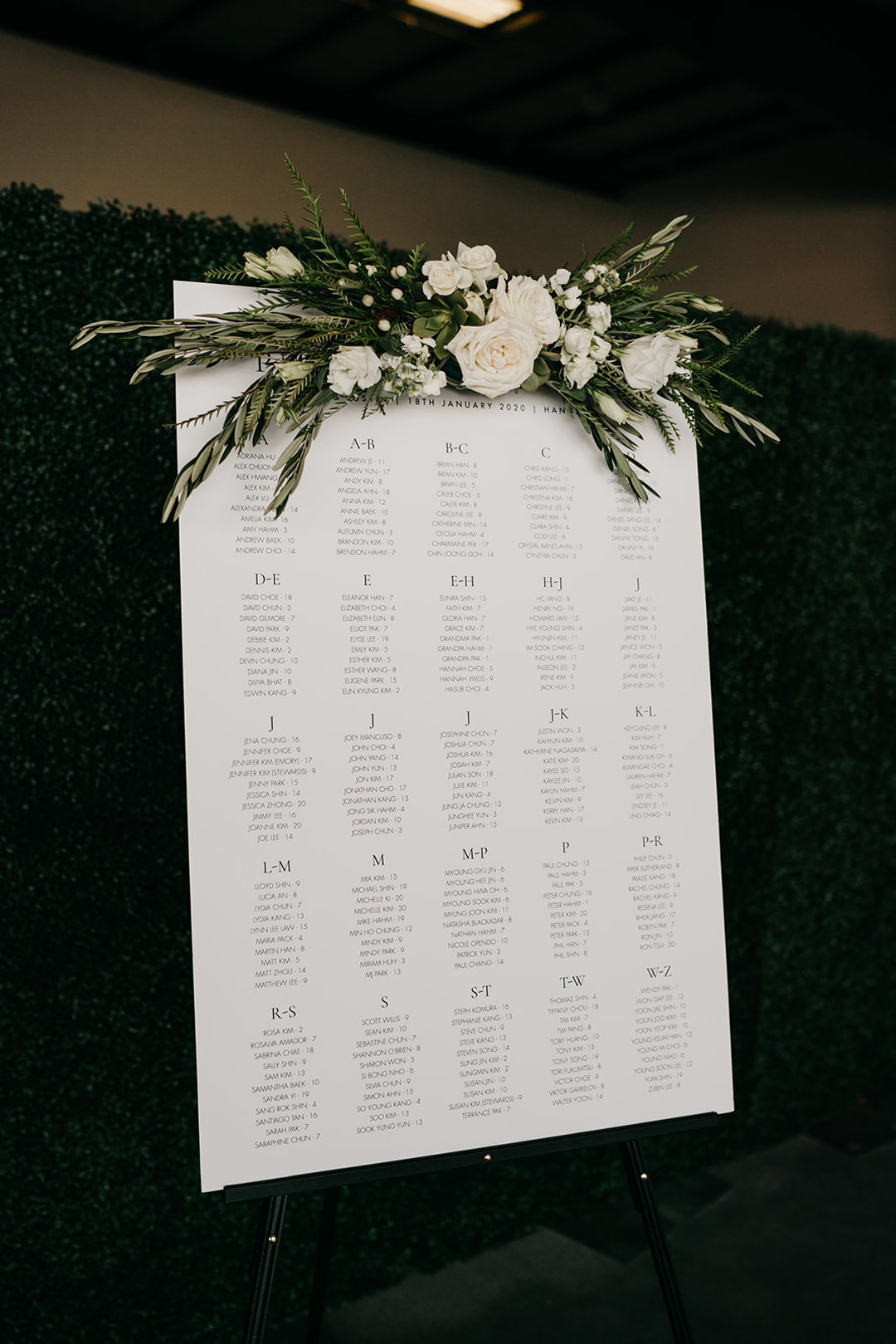 Seating chart on a white board topped with white roses and greenery against a boxwood hedge wall