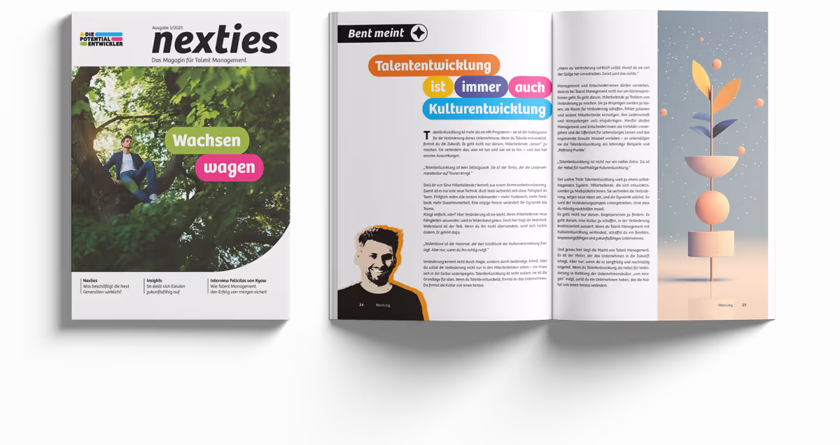 Magazin Nexties Ausgabe 1/2025 mit Titel 'Wachsen wagen' und aufgeschlagene Doppelseite über Talent- und Kulturentwicklung im Unternehmen mit Illustration einer Pflanze.