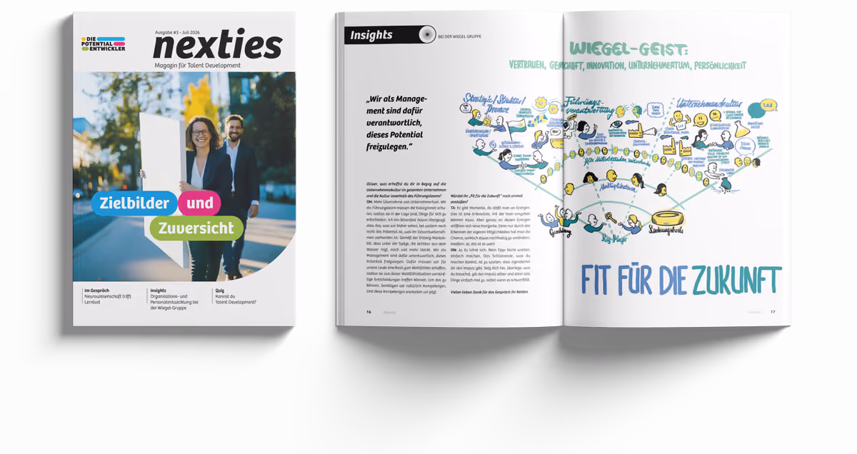 Cover und offene Doppelseite des nexties Magazins 2/2025, mit Titel ‚Zwischen sollen und wollen‘ und Artikel über 15 Jahre BerlinTALENTS Jubiläum.