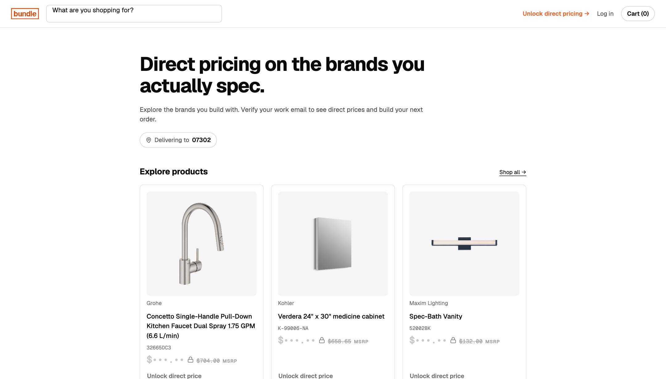 Bundle Shop storefront showing select trade-brand products like Grohe, Kohler and Maxim Lighting