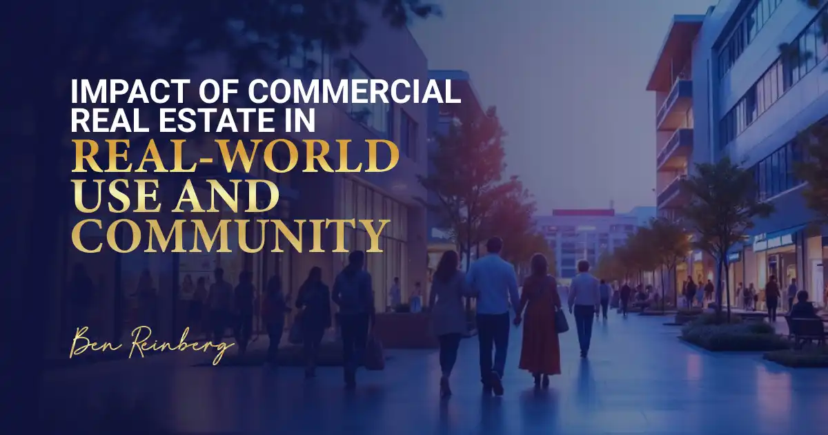 Evening city walkway with people, overlaid bold white and gold text on a blue-purple gradient.