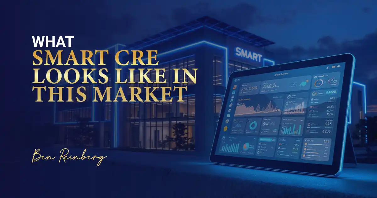 Futuristic blue building with glowing lights and a tablet showing digital real estate data.
