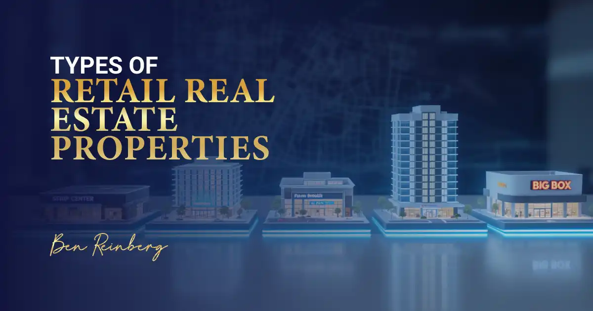 3D models of different retail buildings, including strip center, plaza, tower, and big box