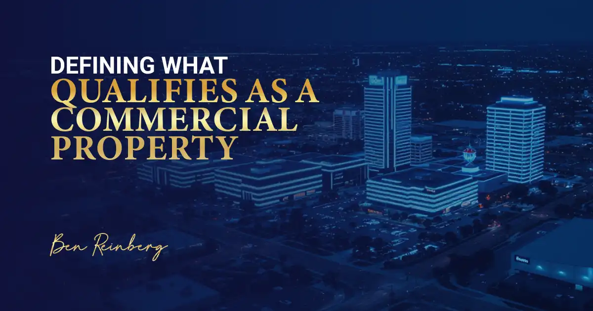 Night cityscape with glowing office towers and bold text on commercial property.