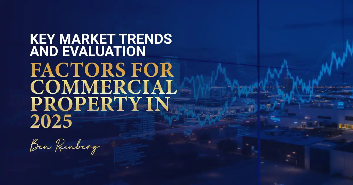 City skyline with glowing graphs overlay and bold text on 2025 commercial property trends.