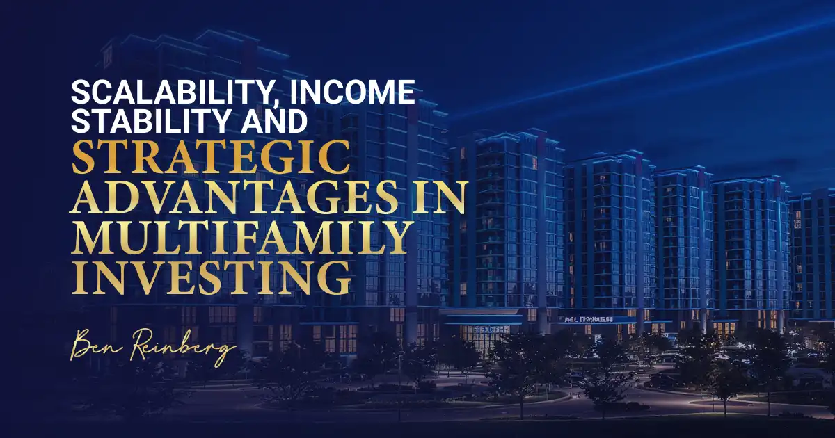 Night view of tall blue-lit apartment complex with bold gold and white promotional text.
