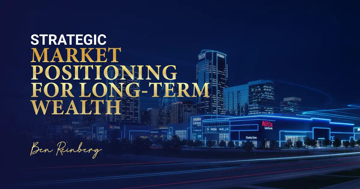 Night cityscape with glowing blue building outlines and bold gold and white text overlay.