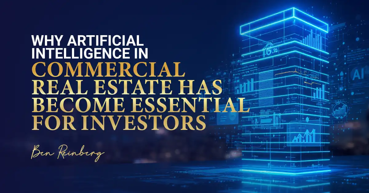 Futuristic digital building design glowing in blue with AI and data graphics overlay.