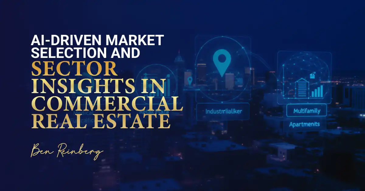 City skyline with glowing blue AI icons for market data, sector insights, and real estate.