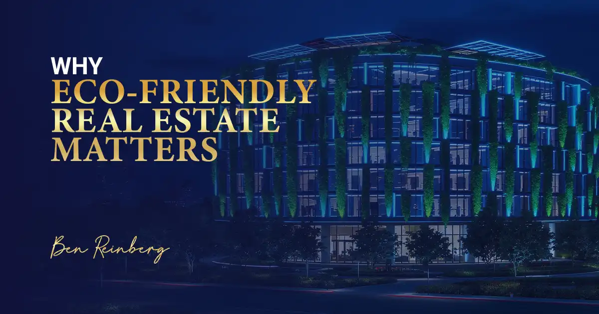 Eco-friendly real estate building with green architecture and modern design.