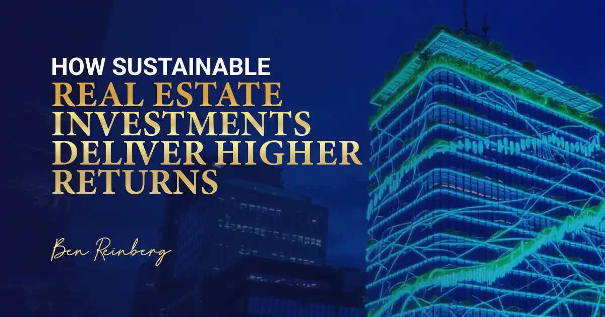 Sustainable real estate tower with eco-friendly lighting and green design.