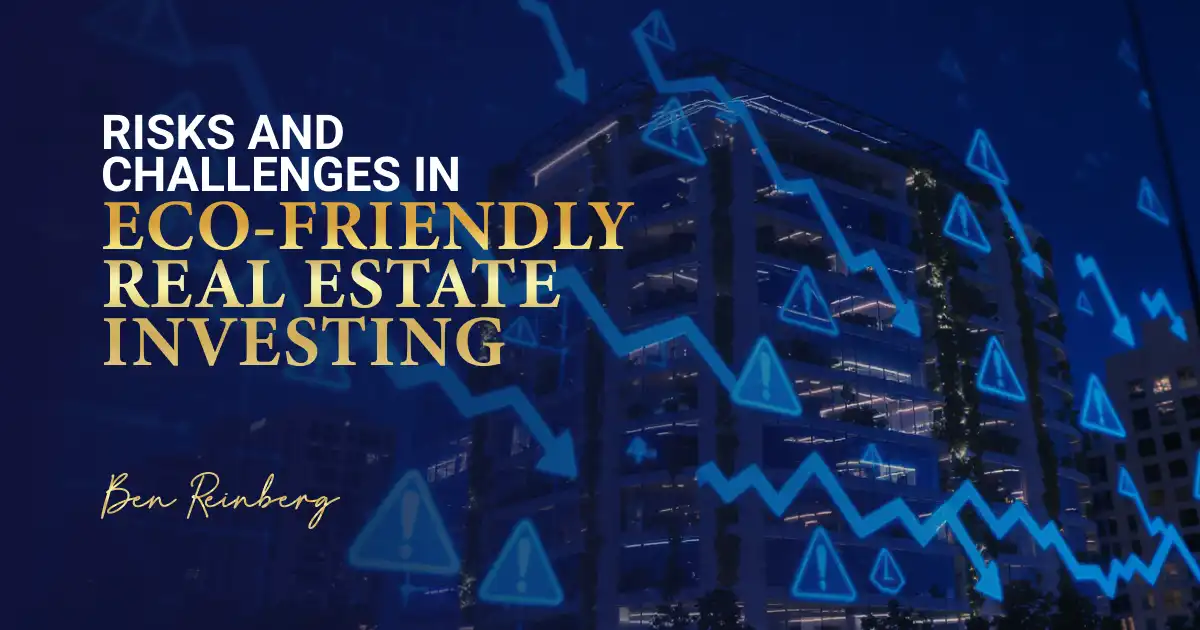 Eco-friendly real estate building with risks shown by falling market graphics