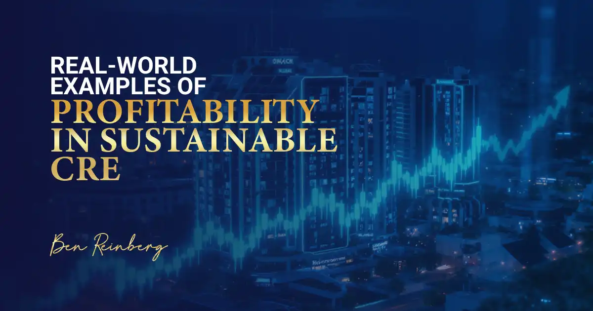 Sustainable commercial real estate tower with rising profit trend graphics.