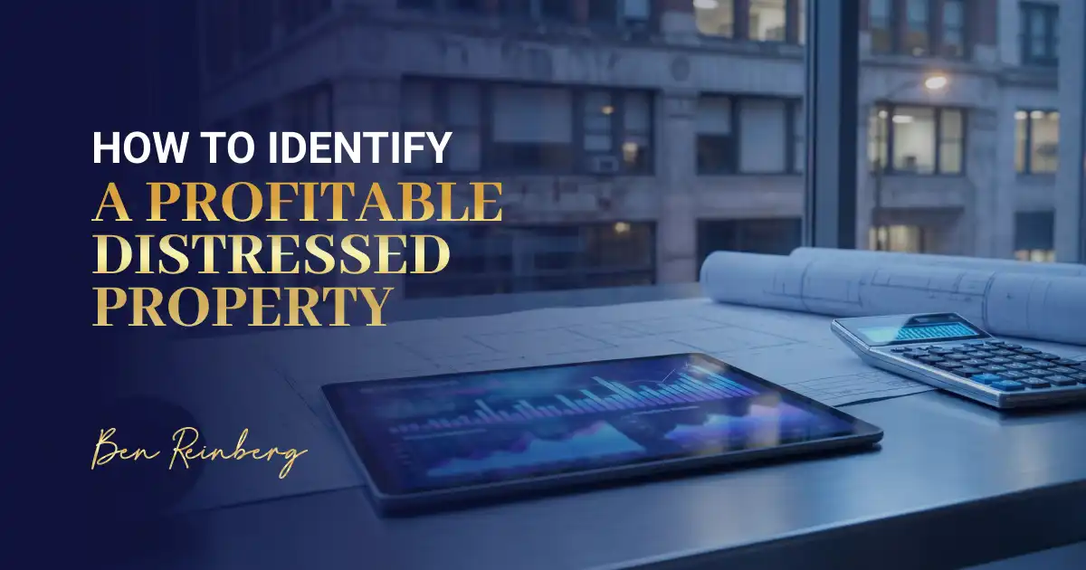 Blueprint desk scene with tablet charts, calculator, and city backdrop.