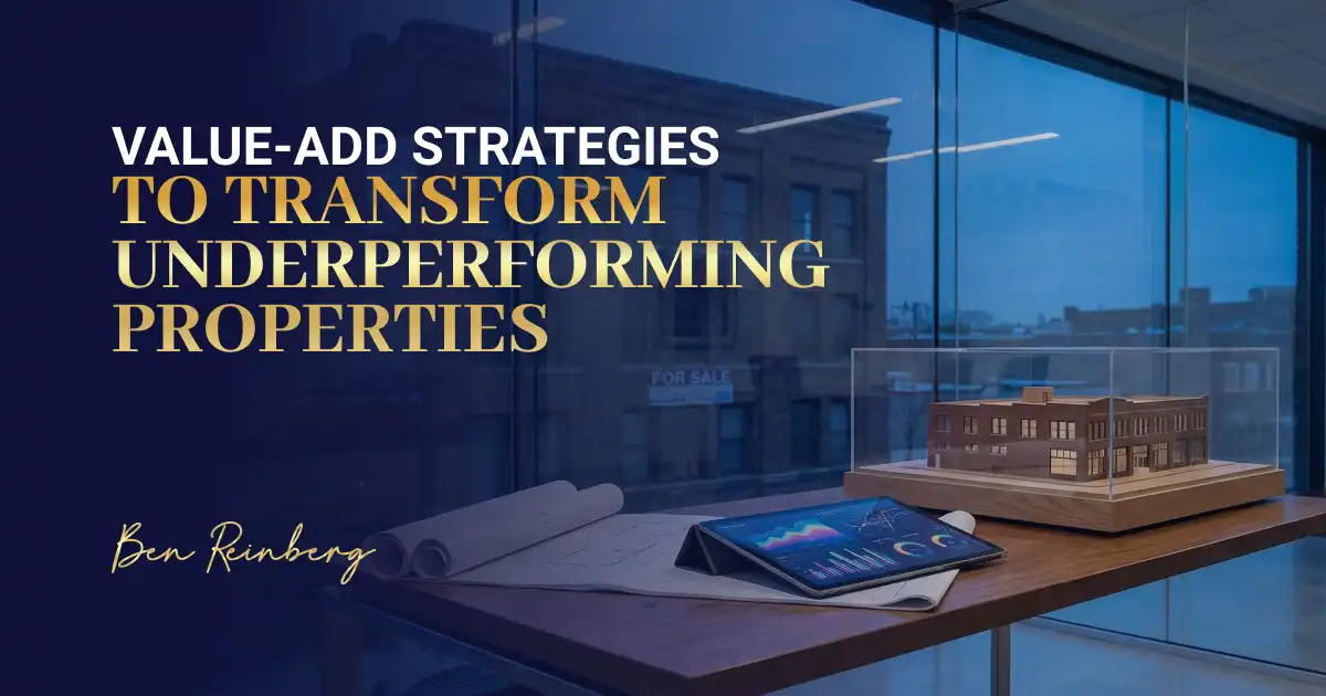 Office desk with property model, charts tablet, blue glass city view interior.