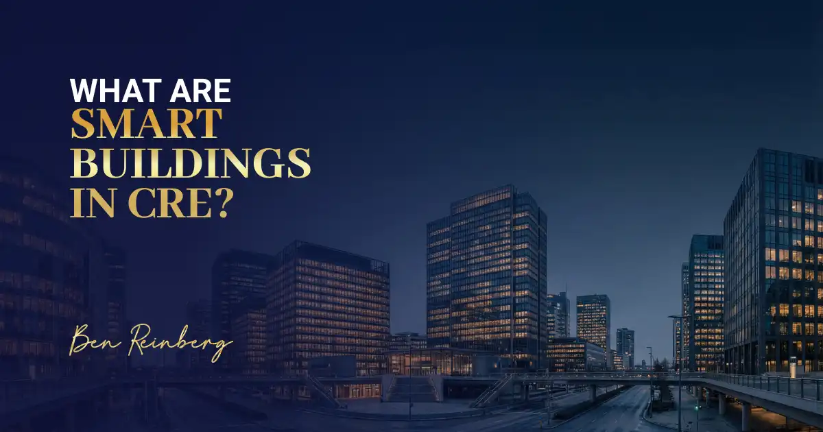 Smart building commercial real estate design with modern city skyline at night.